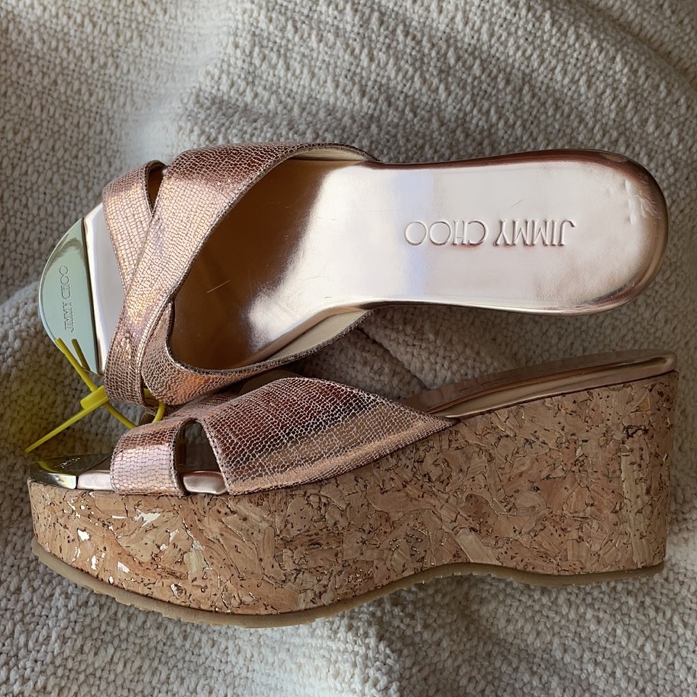 Jimmy Choo Prima Tea Rose metallic snake leather Wedges Sandal Sz 37 (Fit SZ 36)